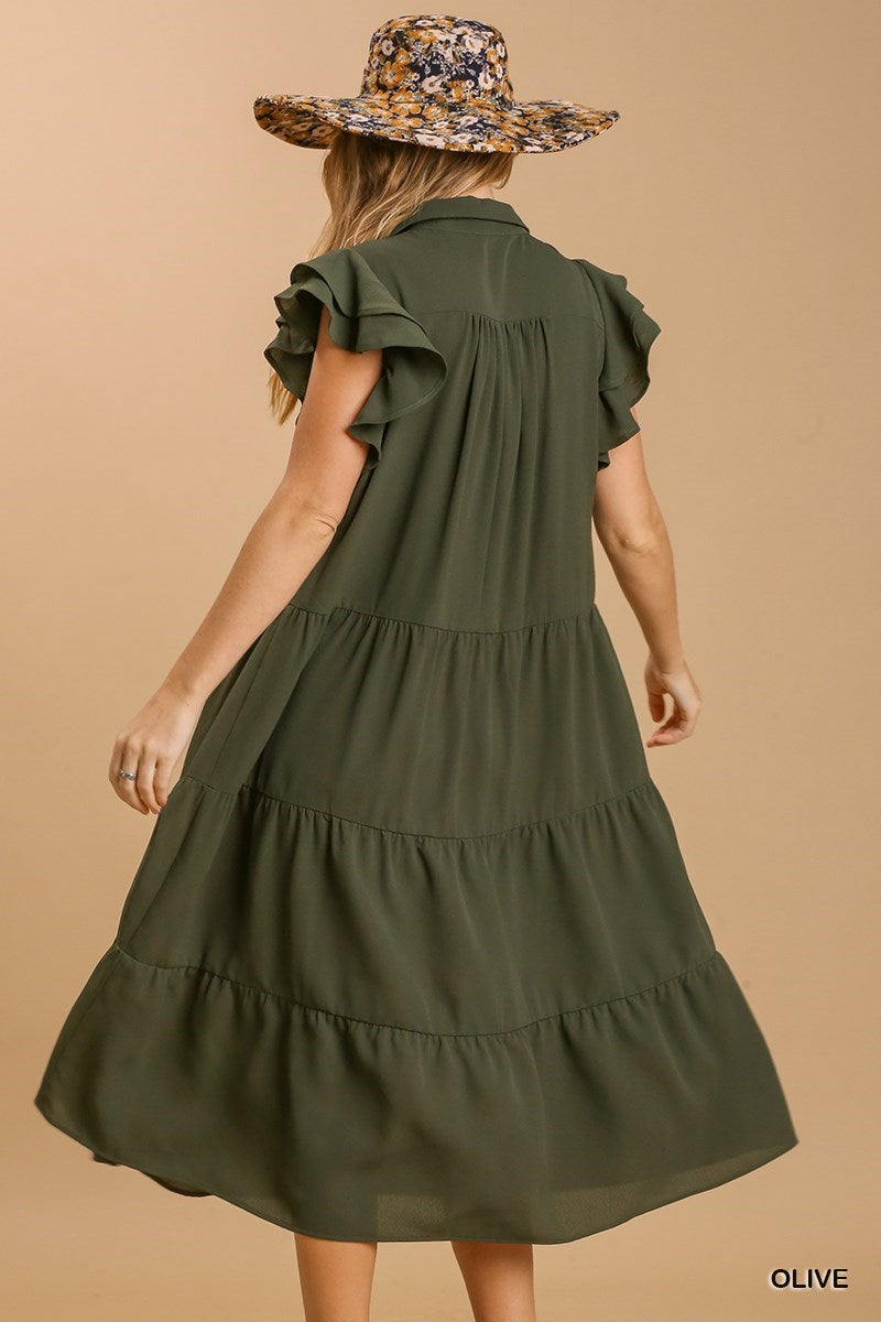 Umgee Olive Green Midi Dress with Collar