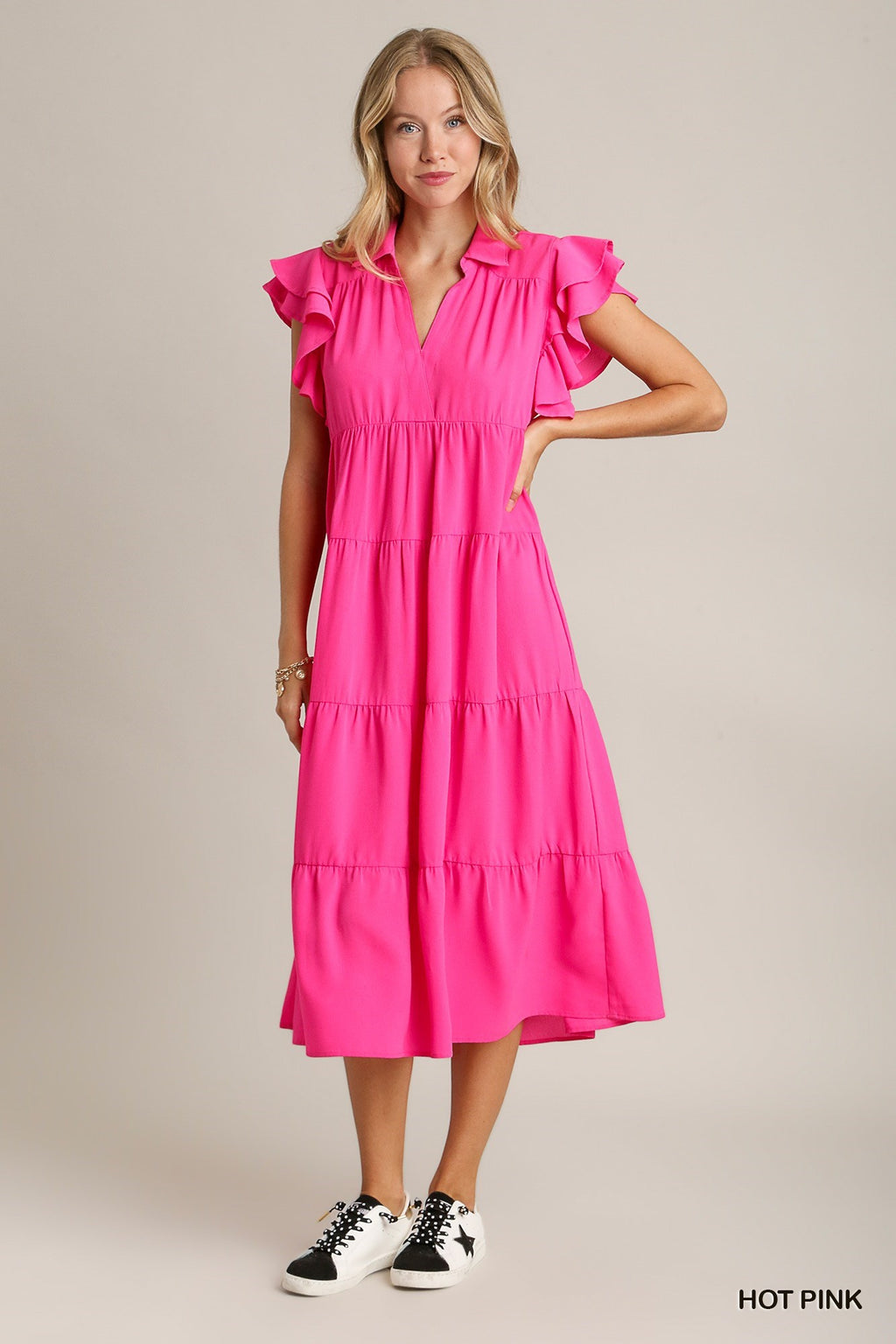 Hot Pink Umgee Midi Dress with Flutter Sleeves and Collar