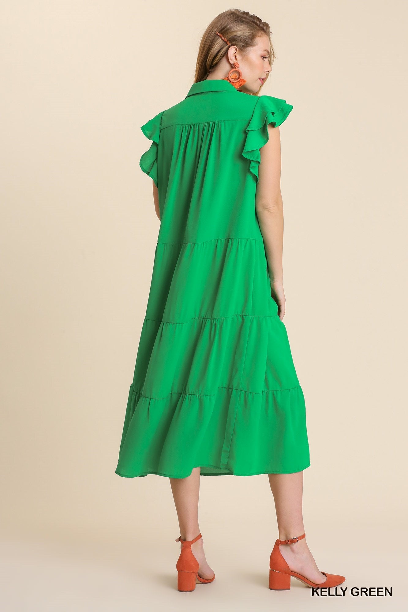 Kelly Green Umgee Midi Dress with Flutter Sleeves and Collar