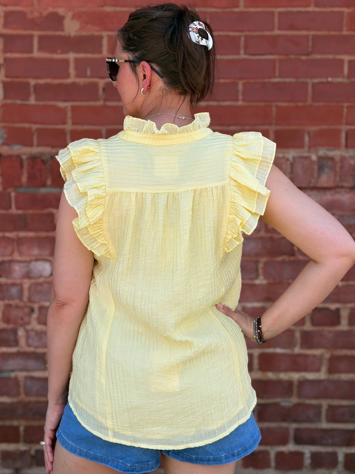 Umgee Ice Lemon Textured Ruffle Sleeve Top – V-Neck Flowy Blouse
