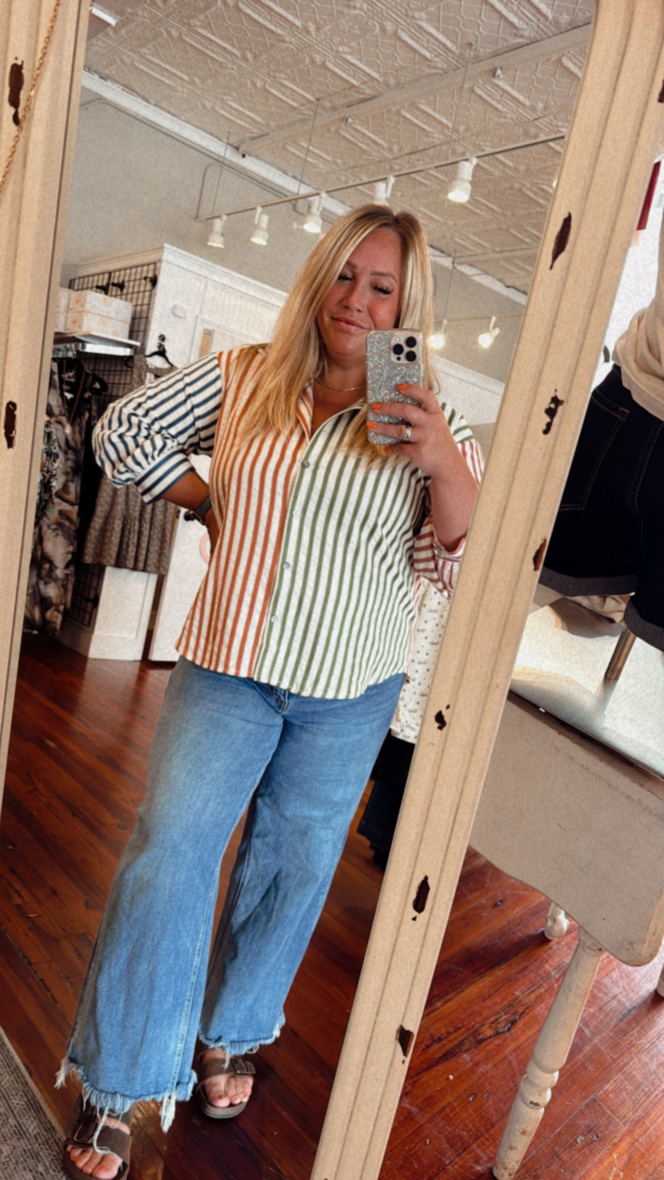 Entro Colorblock Stripe Button-Down Shirt – ¾ Sleeve Lightweight Blouse