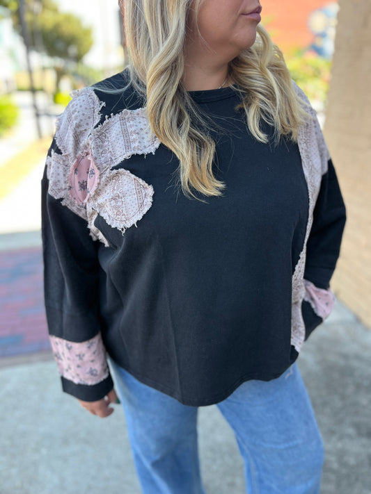PLUS Umgee Ash French Terry Patchwork Sleeve Pullover – Relaxed Mineral Wash Sweatshirt
