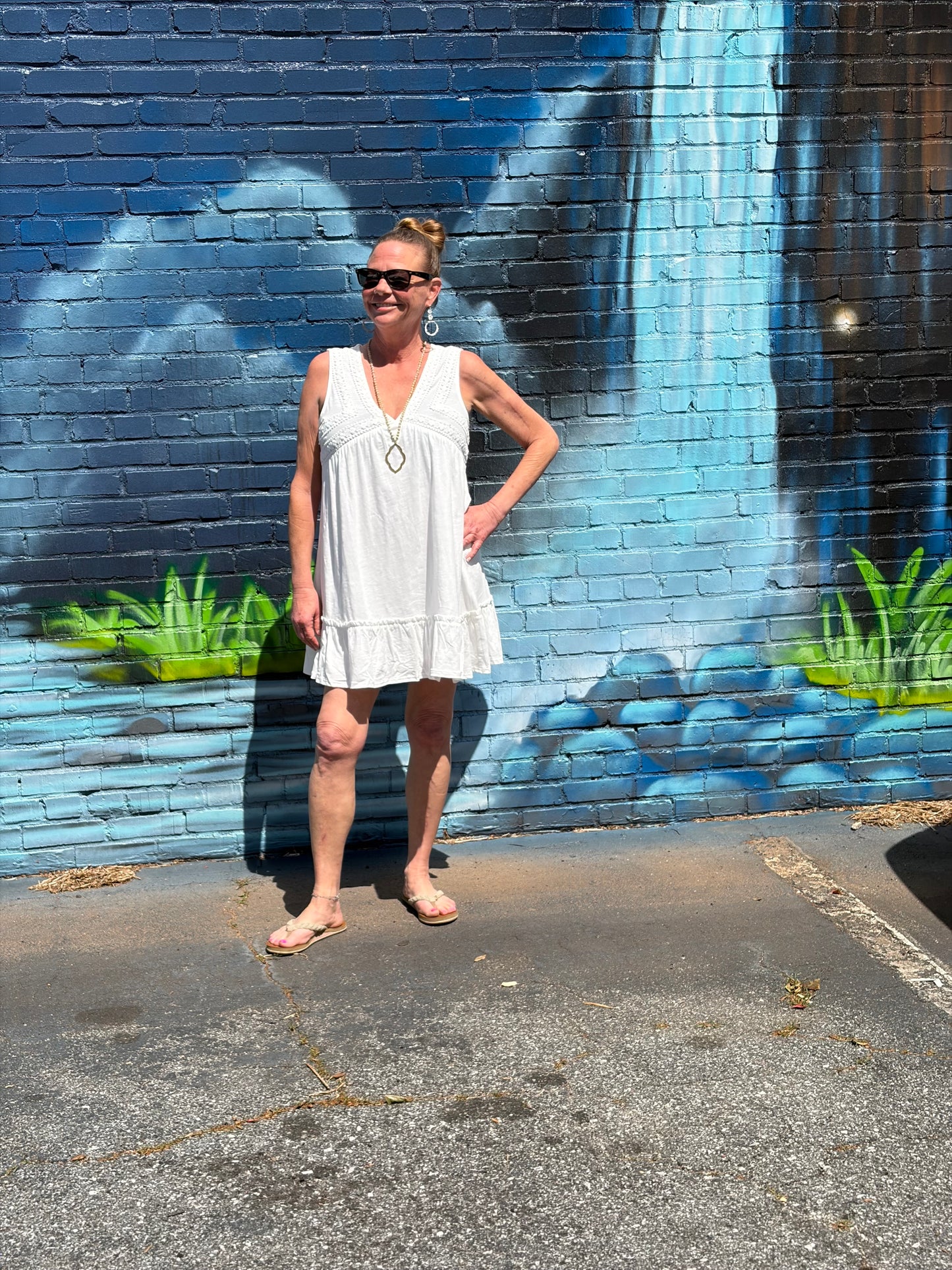 White Slub Knit Crochet Lace Trim Dress