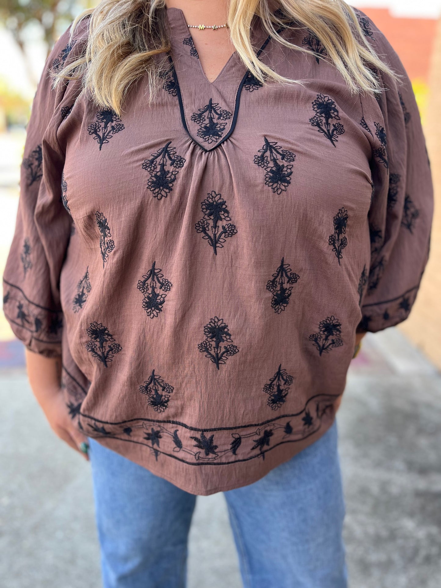“Boho Charm” Umgee Plus Size Brown Embroidered 3/4 Sleeve Top