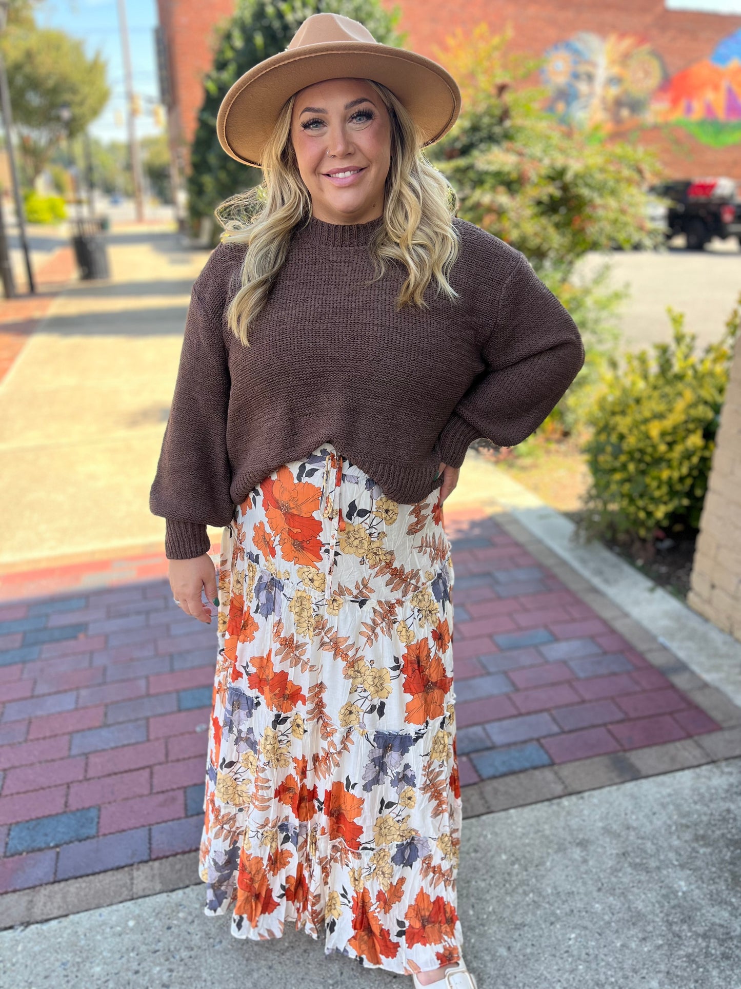 Plus Textured Floral Merrowed Tiered Maxi Skirt with Elastic Waist