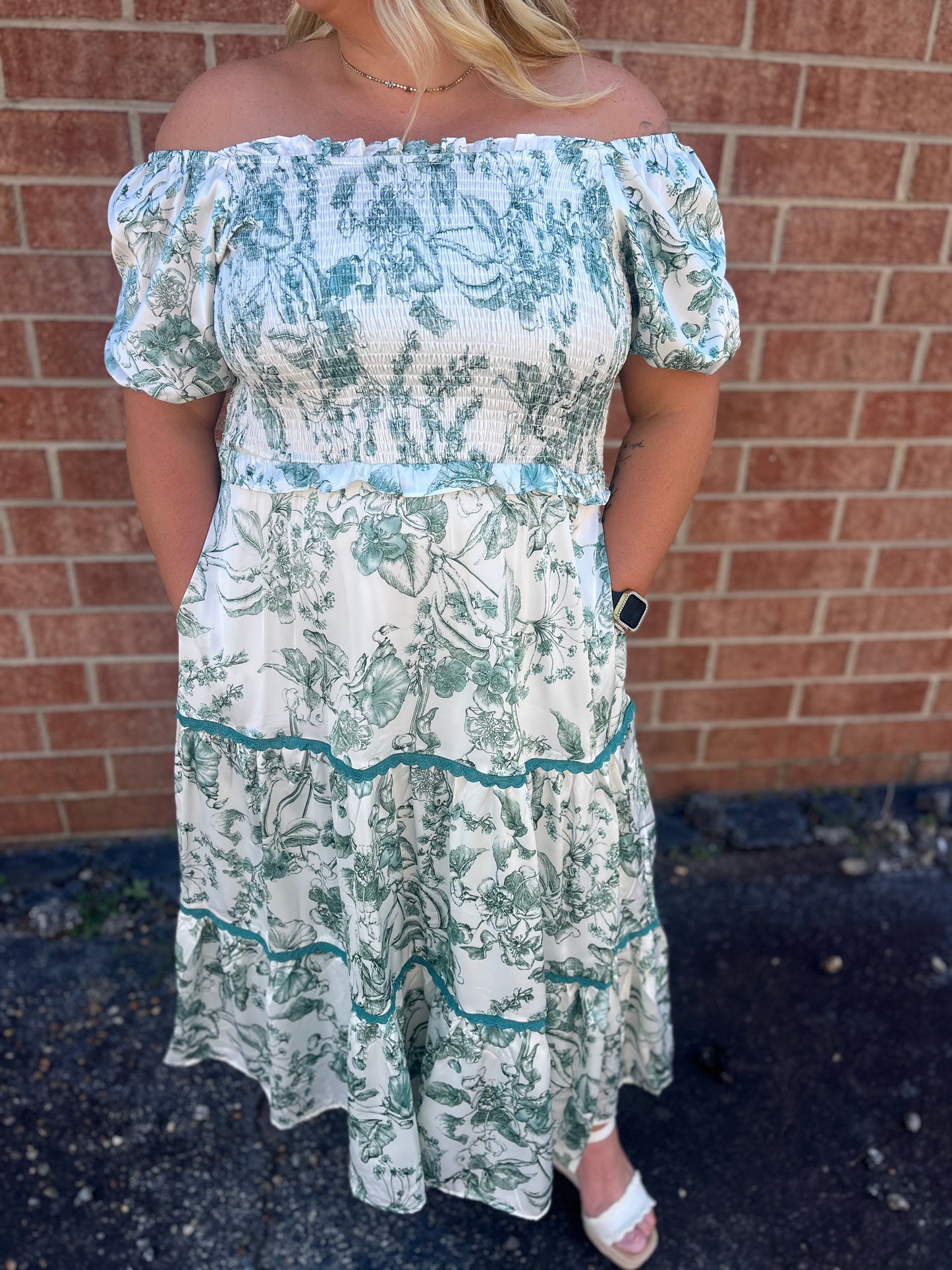 Plus Size Botanical Satin Tiered Dress with Lace Trim