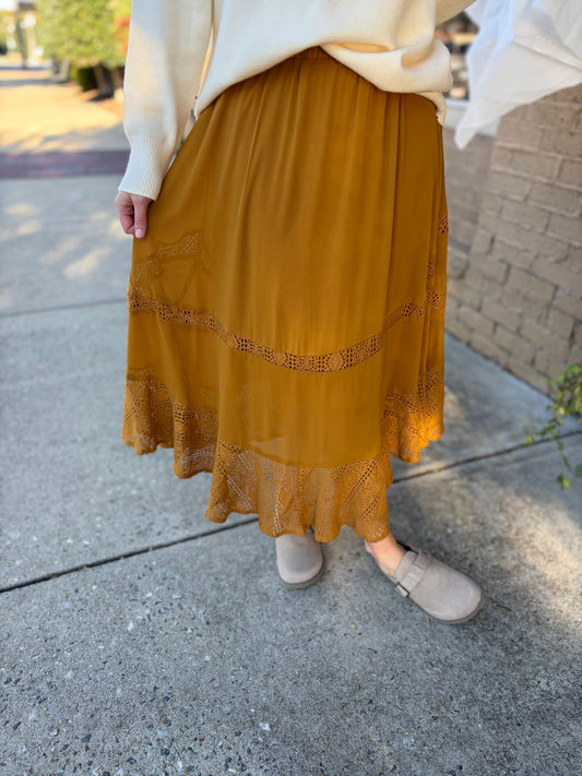 Harvest Gold Crinkled Woven Boho Midi Skirt