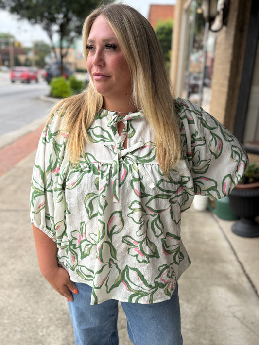 PLUS Textured Floral Blouse with Front Tie- Pink/Green Print