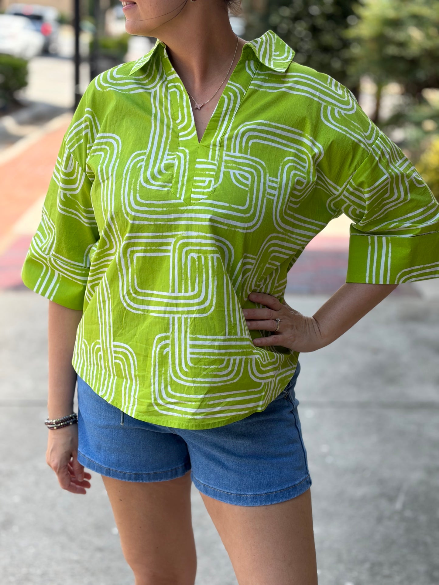 Entro Chartreuse Abstract Print Collared Split V-Neck Top