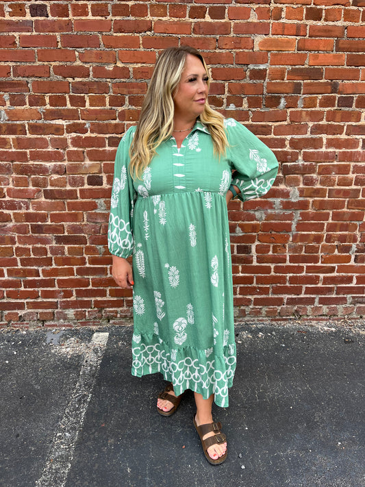 Plus Umgee Sage Boho Print Puff Sleeve Midi Dress