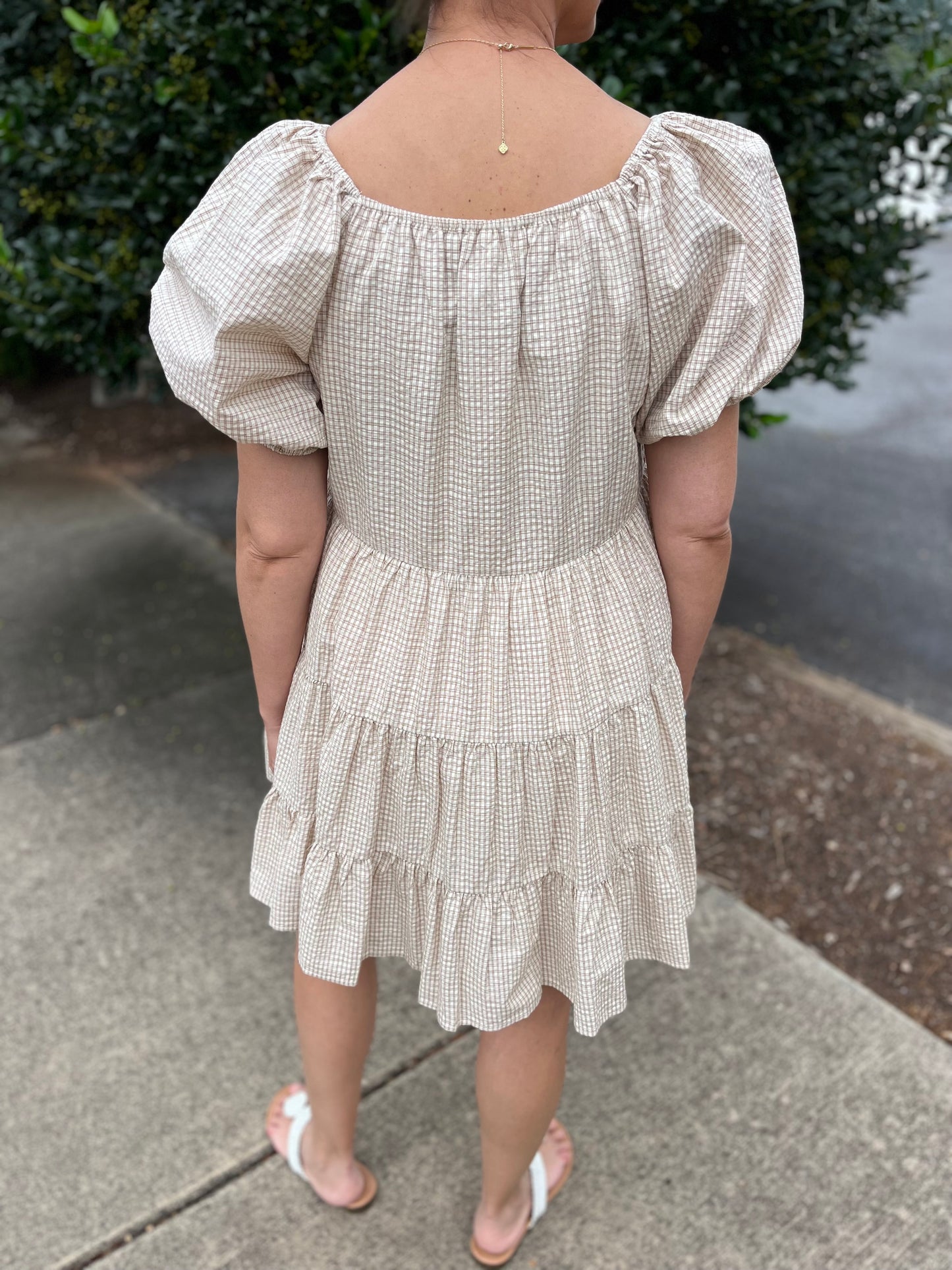 Gingham Puff Sleeve Tiered Dress