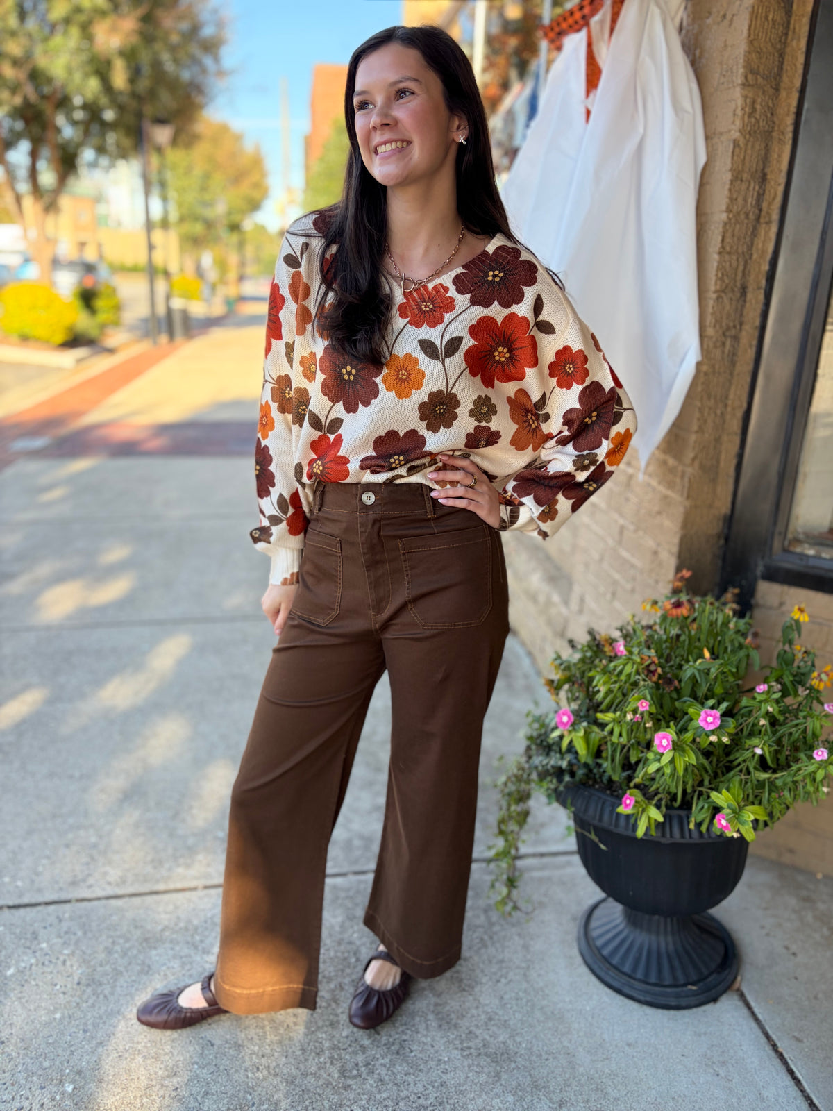 She and Sky Brown Washed Stretch Wide Leg Pants with Pockets