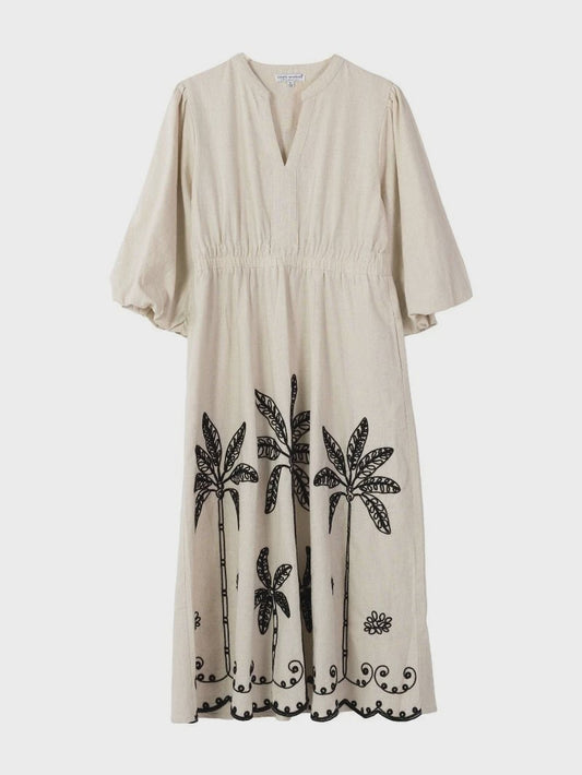 SS Embroidered Linen Puff Sleeve Dress – Natural