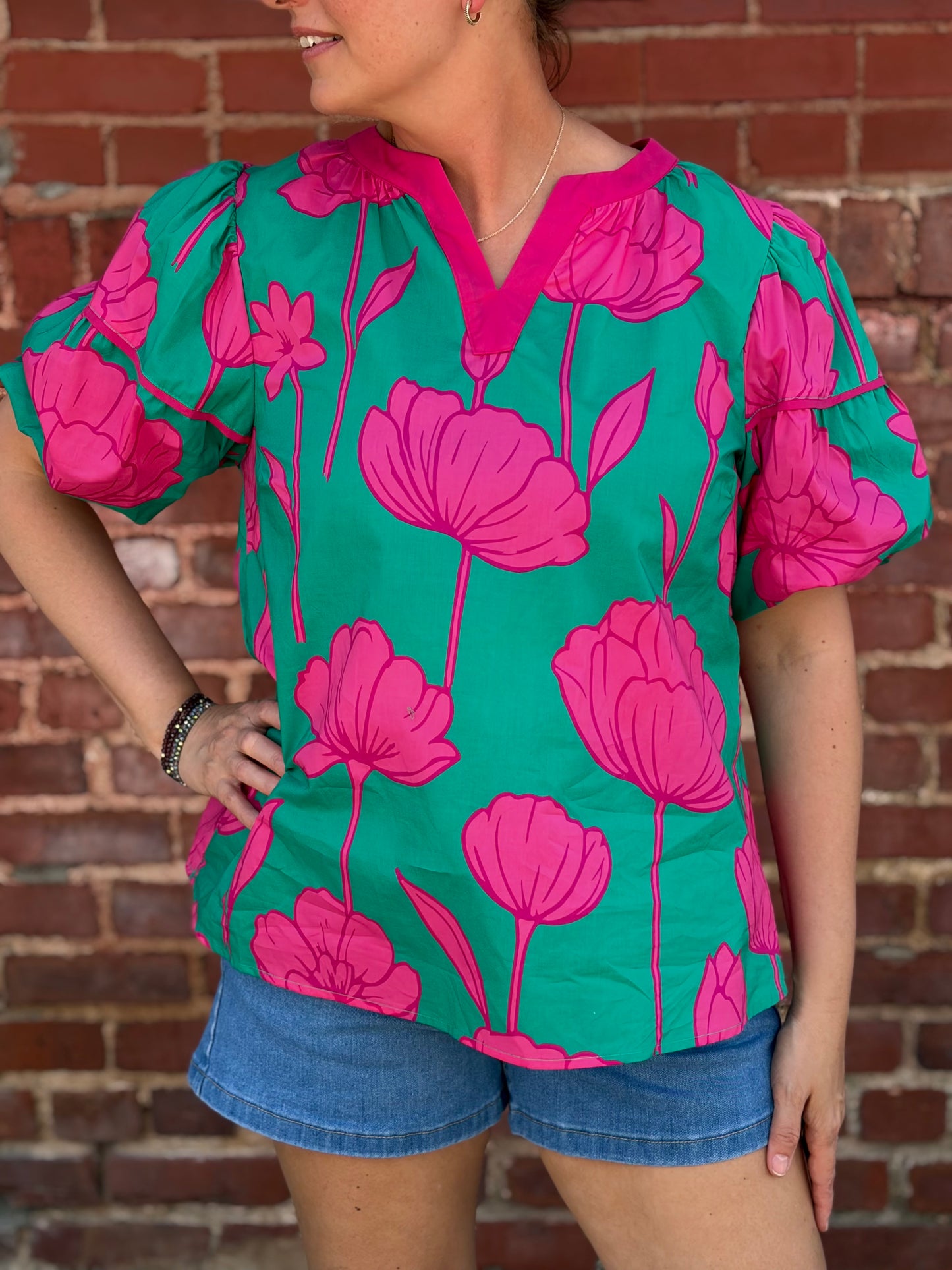 Umgee Floral Puff Sleeve Blouse – Green & Pink Cotton V-Neck Top