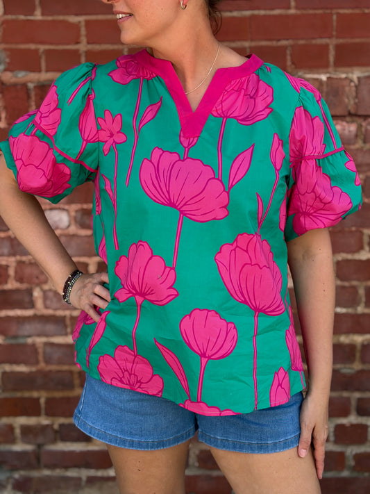 Umgee Floral Puff Sleeve Blouse – Green & Pink Cotton V-Neck Top