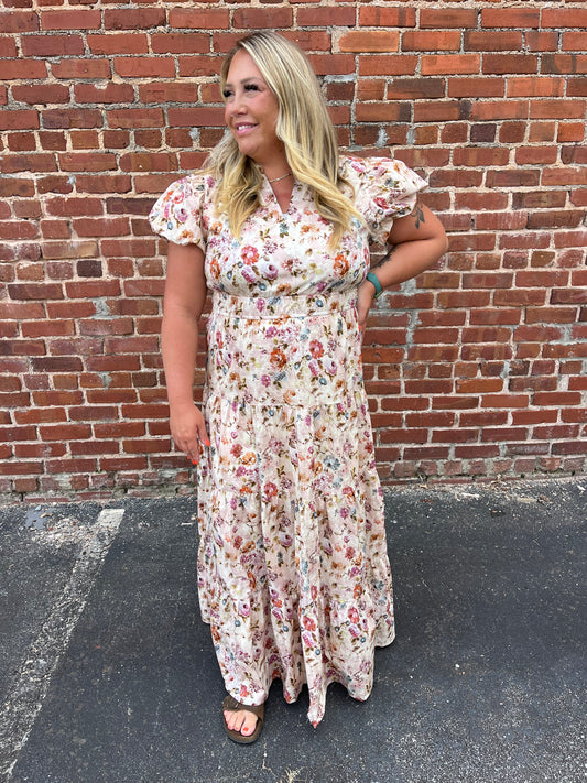 PLUS Entro Floral Print Puff Sleeve Tiered Midi Dress