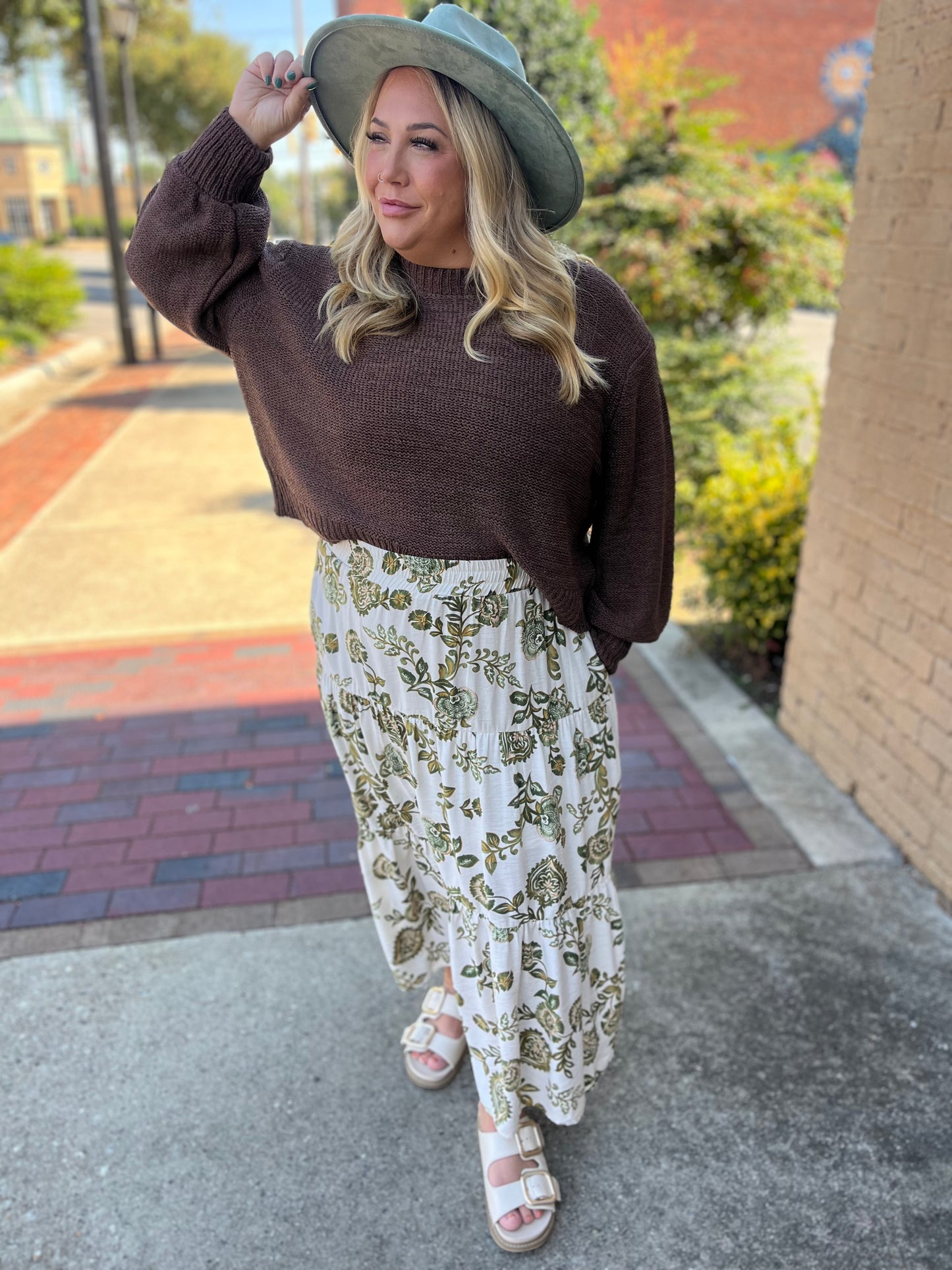 Entro Floral Print Tiered Pull-On Midi Skirt - Green