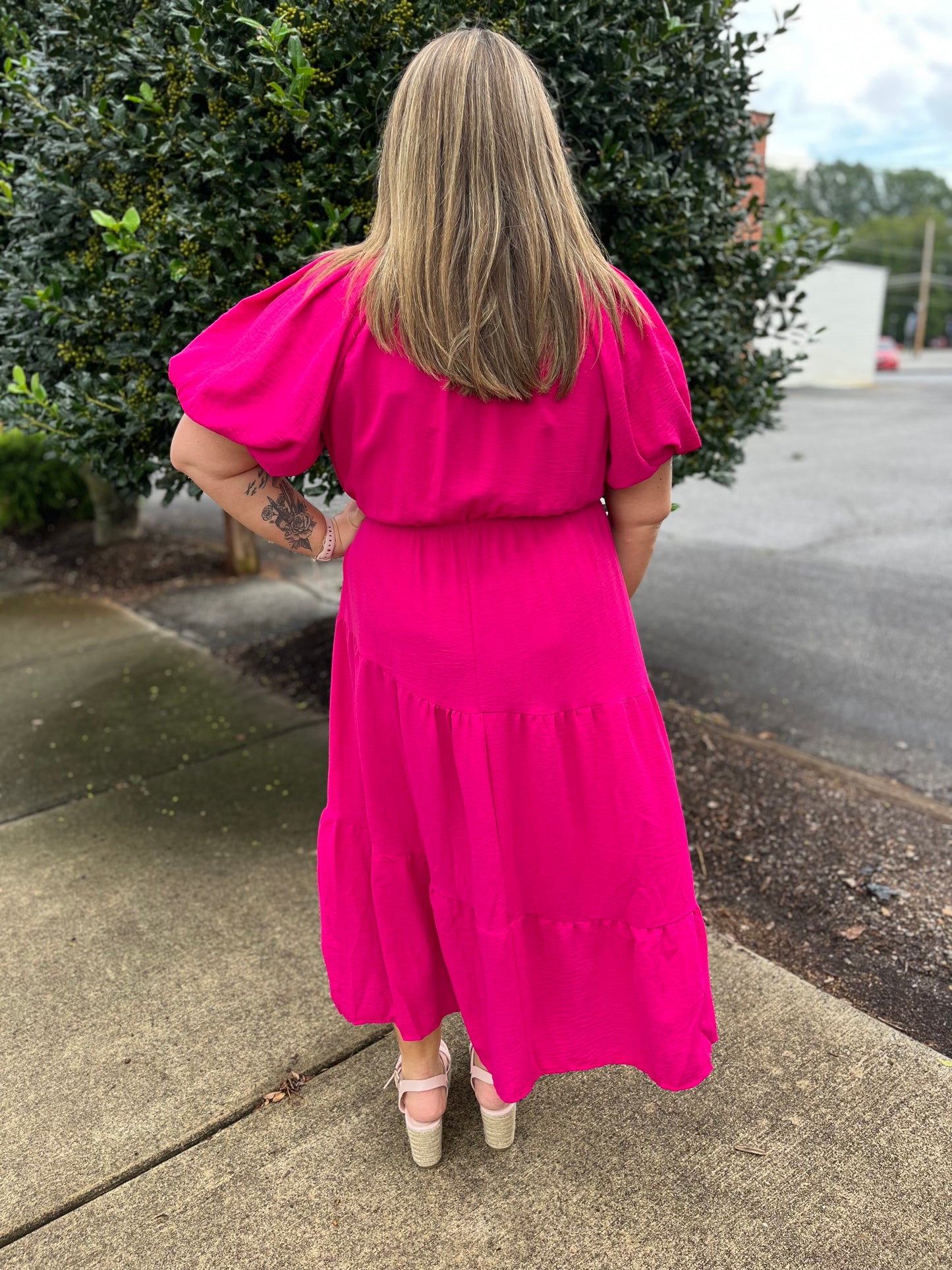 PLUS Umgee Pink A-Line Midi Dress with Puff Sleeves