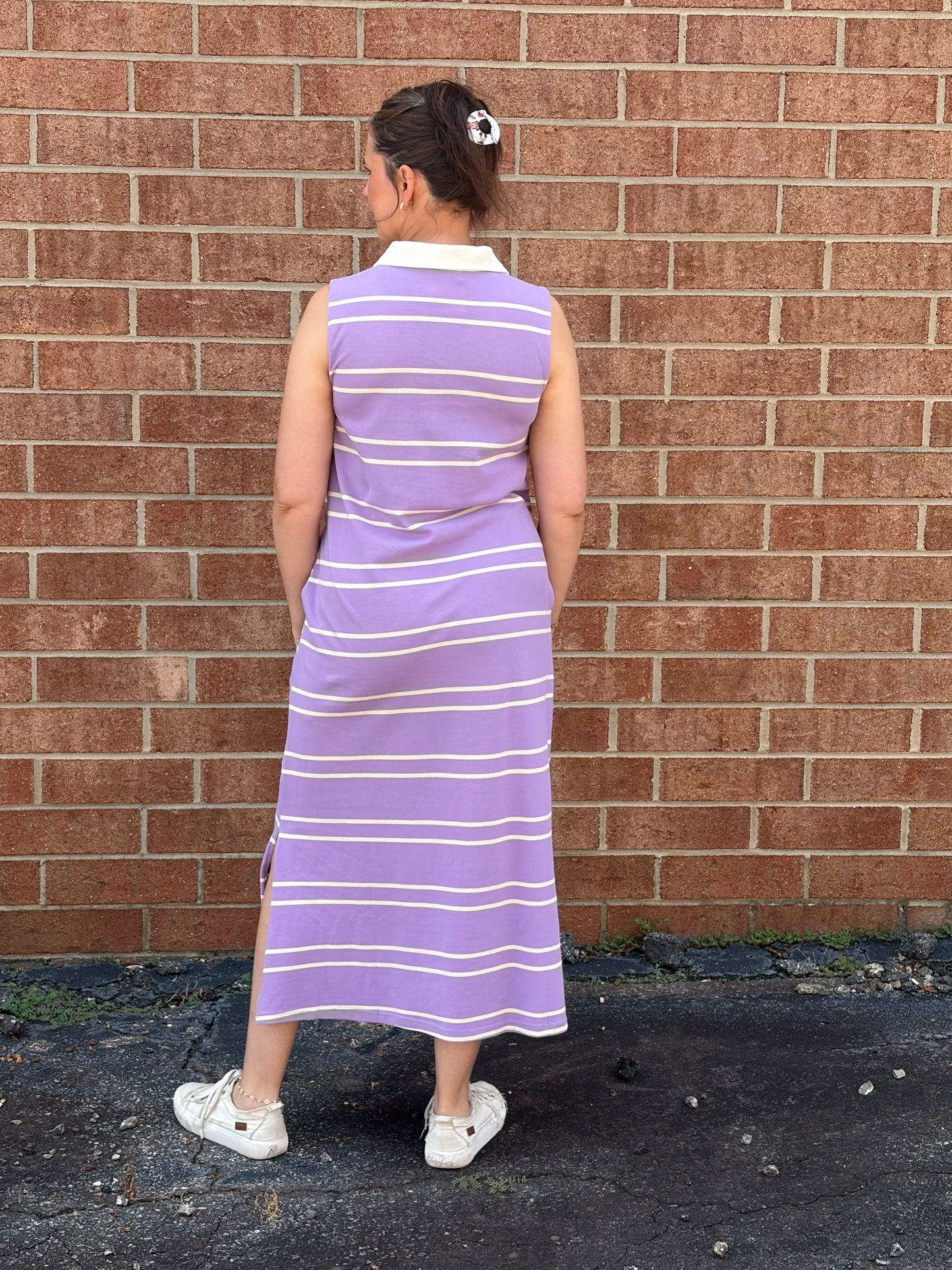 Entro Lavender Striped Sleeveless Midi Dress with Contrast Collar