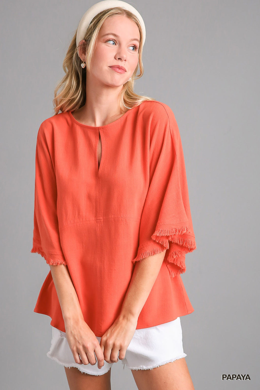 Papaya Umgee Linen Blend Top with Cut out Round Neck, 3/4 Quarter Sleeves and Frayed Edge Hem
