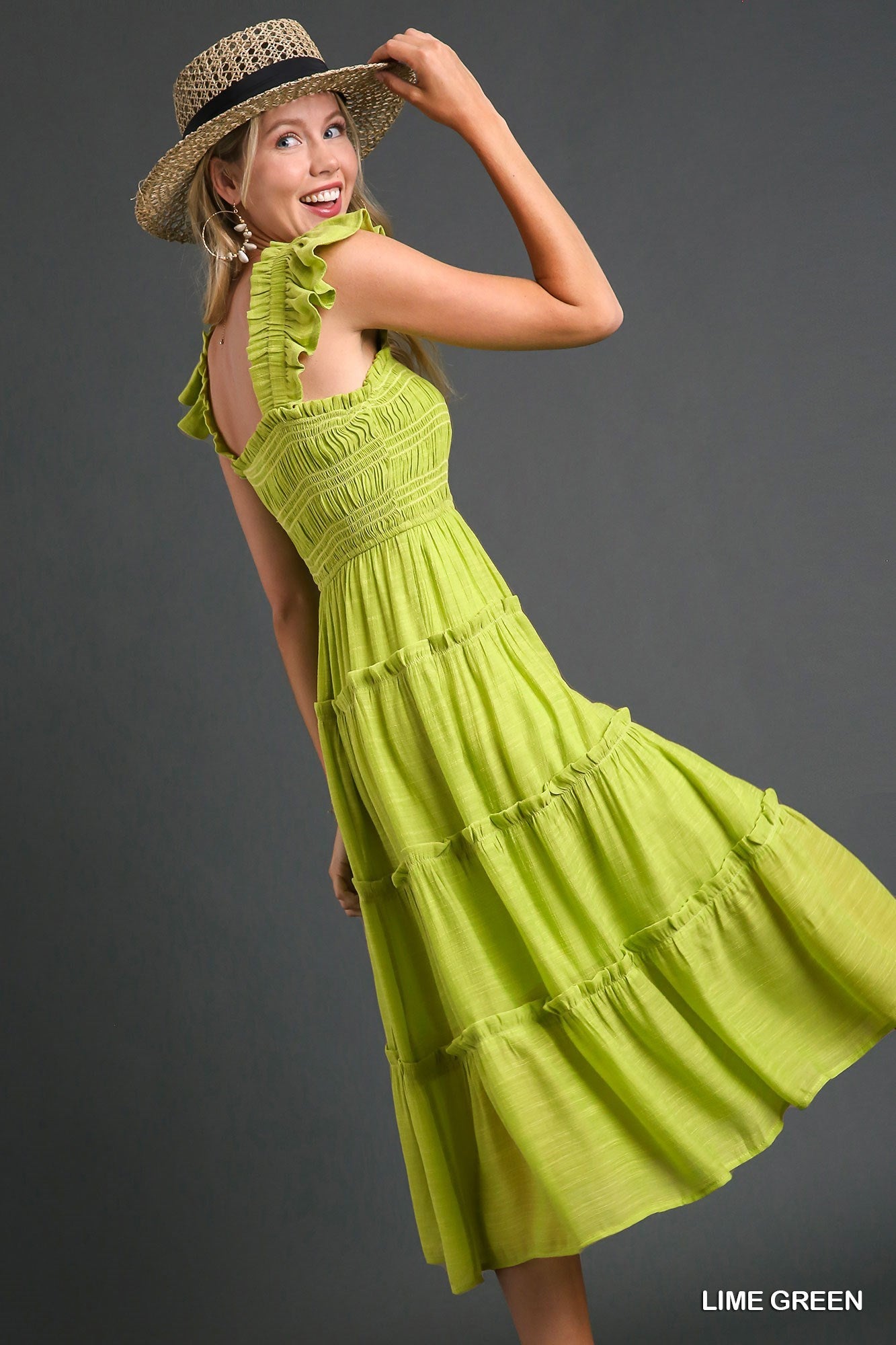 Lime Green Umgee Maxi Dress with Smocked Top ,Tiered Skirt and Flutter Sleeves