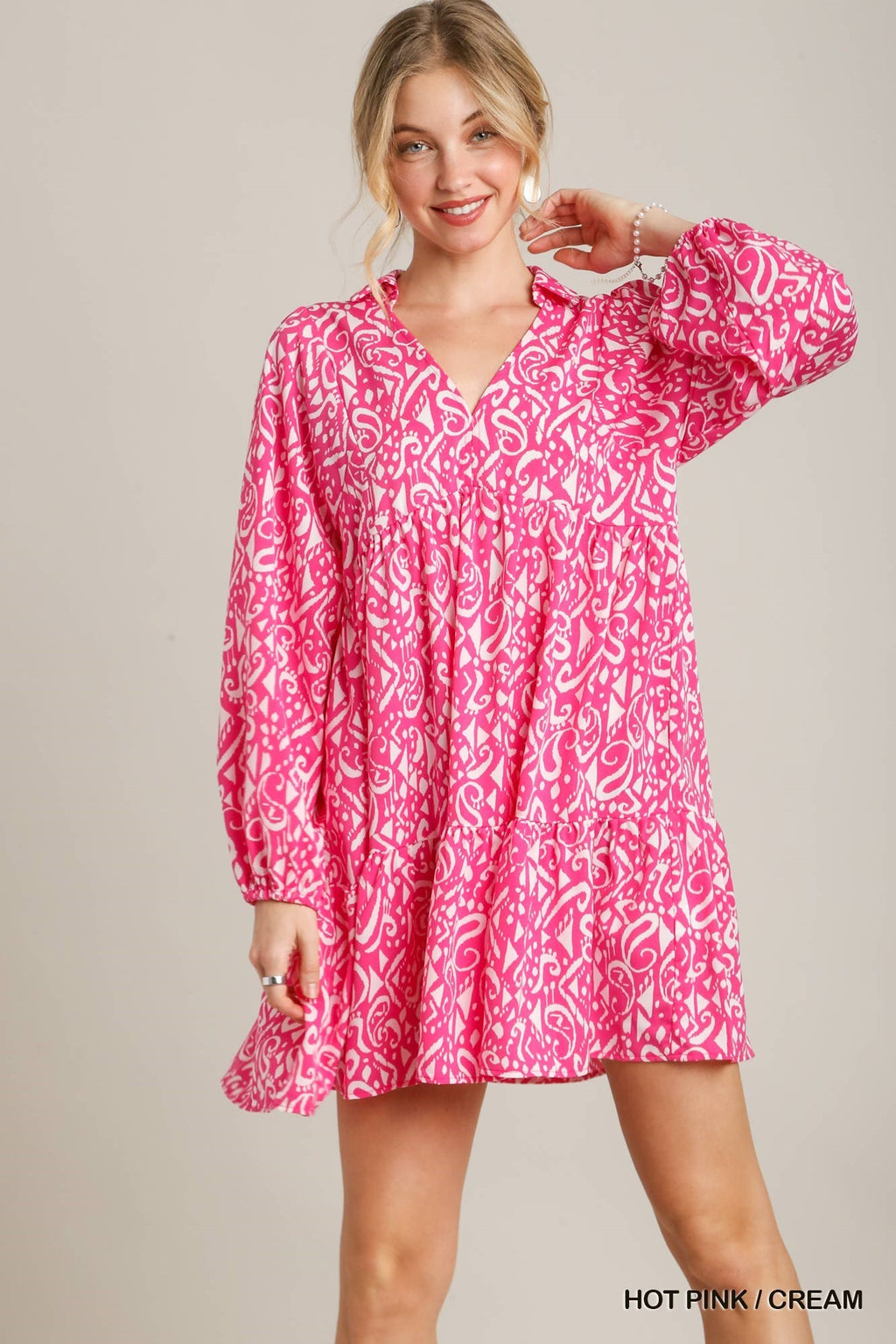 Pink Printed Umgee Long Sleeve Dress with Collar B8180