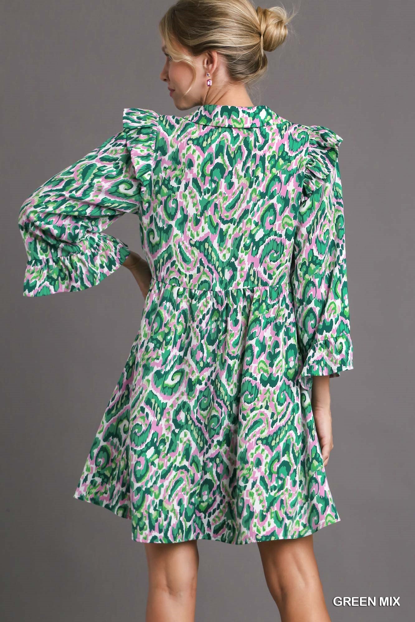 Umgee Green Multi Geometric Print  Dress with Split Neckline with Flutter Long Sleeves
