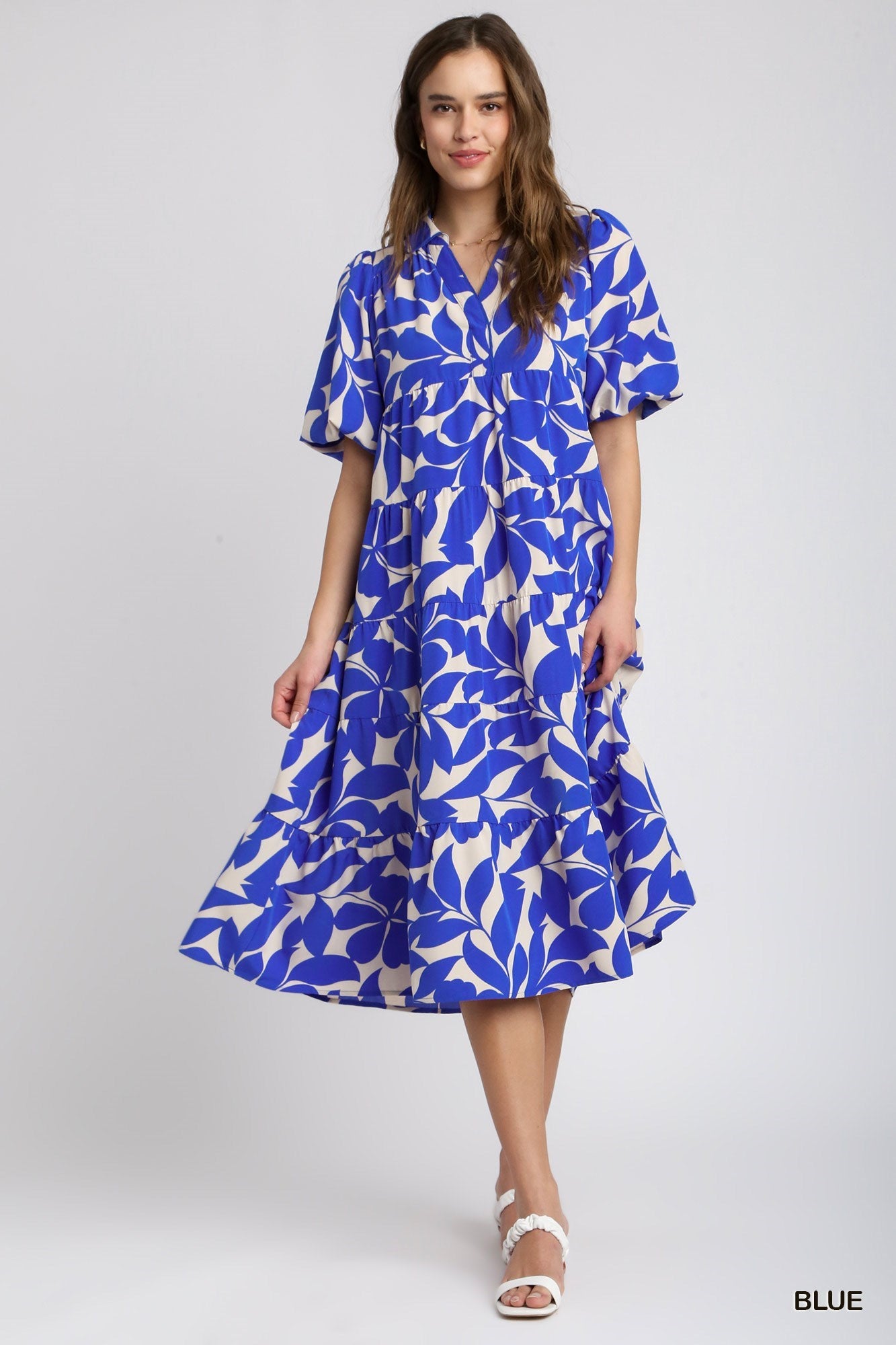 Umgee Blue Floral Print Collared A-line Tiered Midi Dress with Puff Sleeves B8450