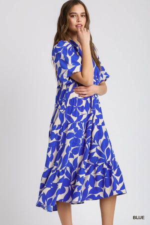 Umgee Blue Floral Print Collared A-line Tiered Midi Dress with Puff Sleeves B8450