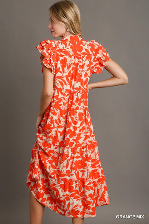 Umgee Orange Floral Print Collared A-line Tiered Dress with Ruffle Sleeves B8458