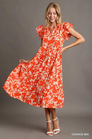 Umgee Orange Floral Print Collared A-line Tiered Dress with Ruffle Sleeves B8458