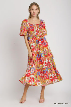 Multi Floral Umgee Dress A-line Tiered Skirt, Bubble Sleeves and Smocked Bodice