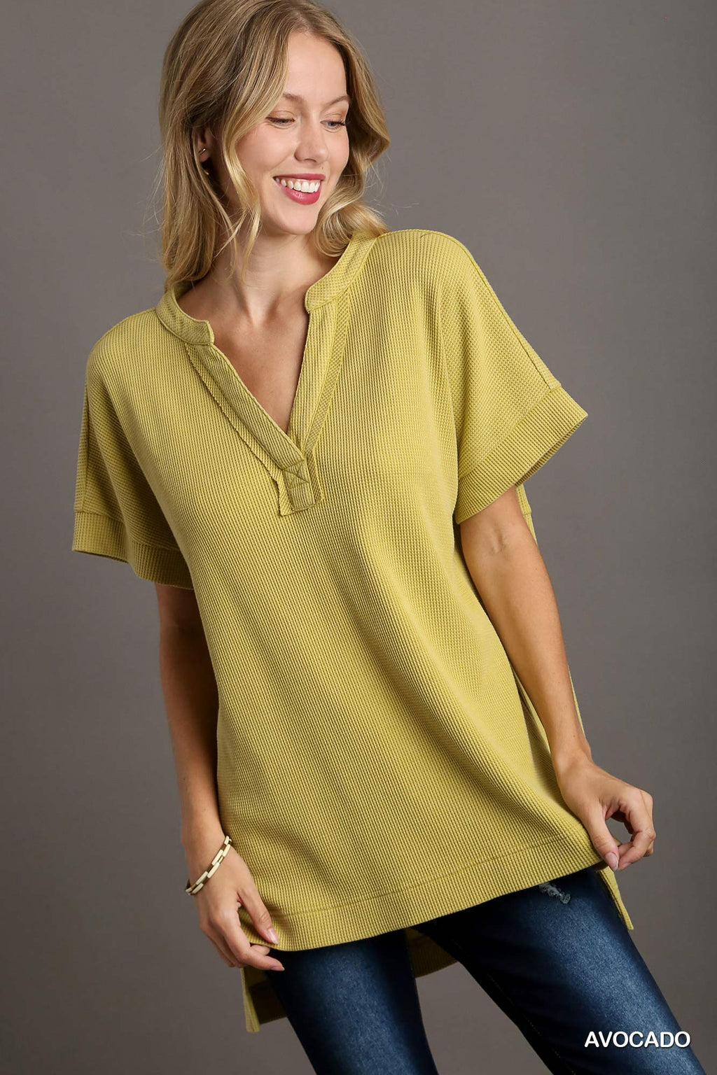 Umgee Avocado Thermal Top with High Lo Hemline and Side Slits B8508