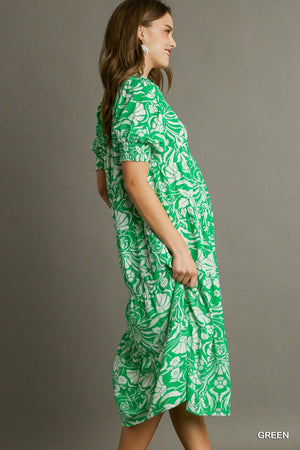 Green Floral Tiered A-Line Collared Midi Dress with Pleated Puff Sleeves B8683