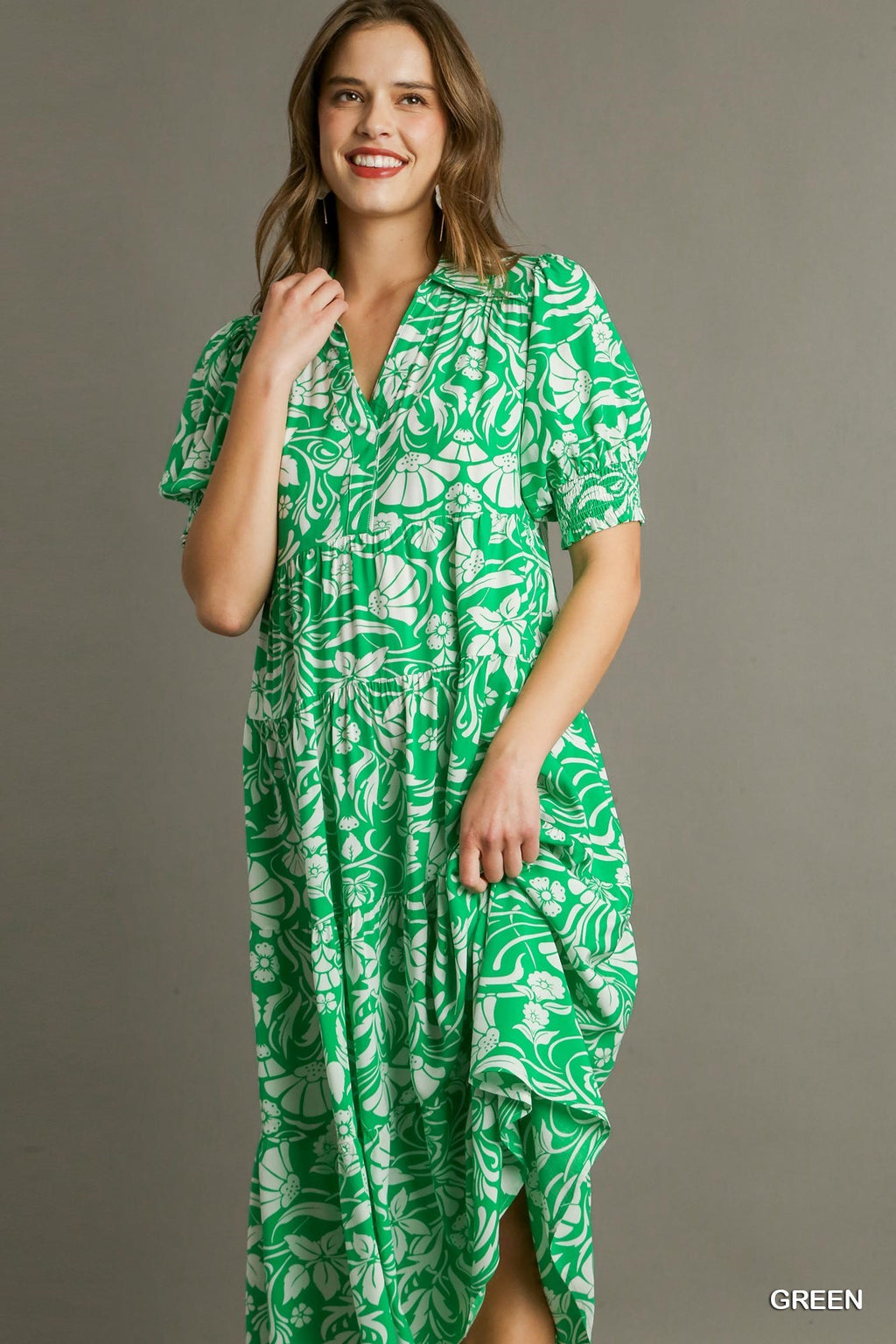 Green Floral Tiered A-Line Collared Midi Dress with Pleated Puff Sleeves B8683