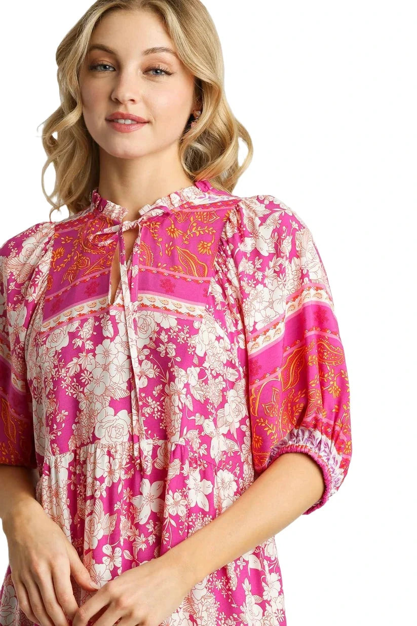 Umgee Pink Floral Printed Midi Dress with 3/4 Sleeves