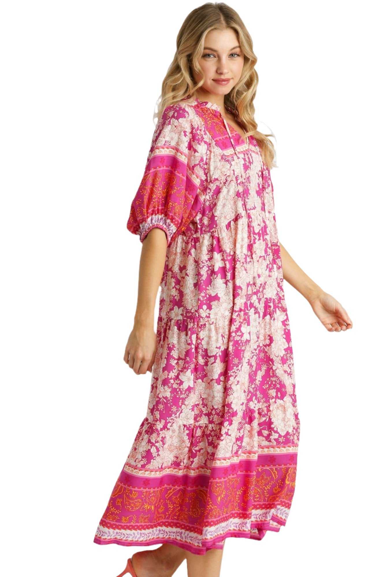 Umgee Pink Floral Printed Midi Dress with 3/4 Sleeves