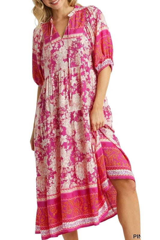 Umgee Pink Floral Printed Midi Dress with 3/4 Sleeves