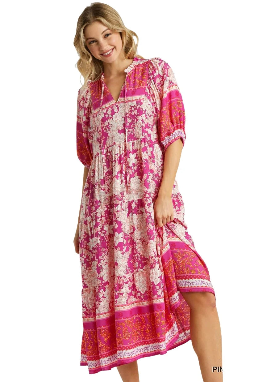 Umgee Pink Floral Printed Midi Dress with 3/4 Sleeves