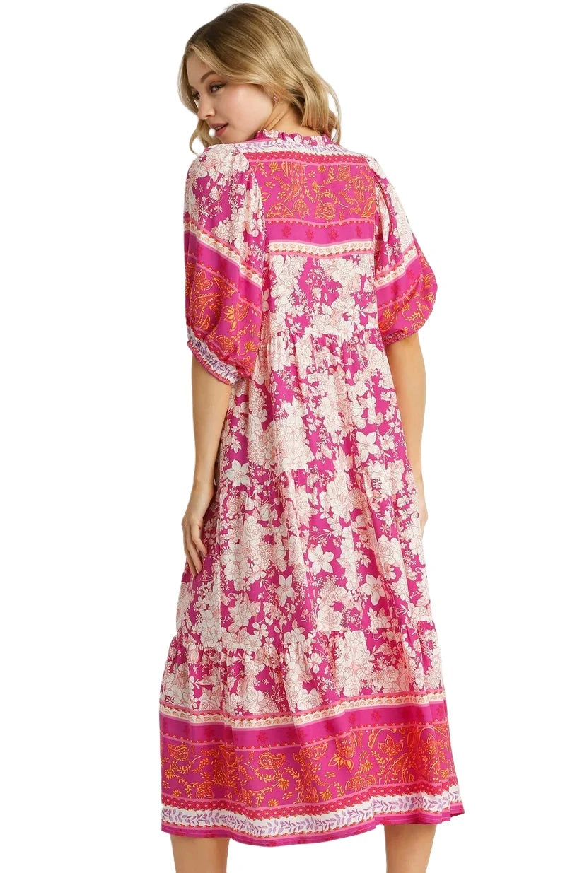 Umgee Pink Floral Printed Midi Dress with 3/4 Sleeves