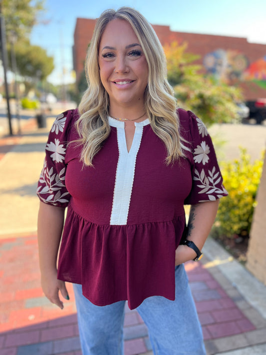 PLUS Oddi Puff Sleeve Peplum Blouse [Burgundy] – Fall & Winter Tops