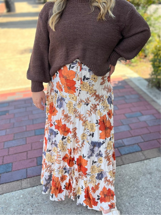 Plus Textured Floral Merrowed Tiered Maxi Skirt with Elastic Waist