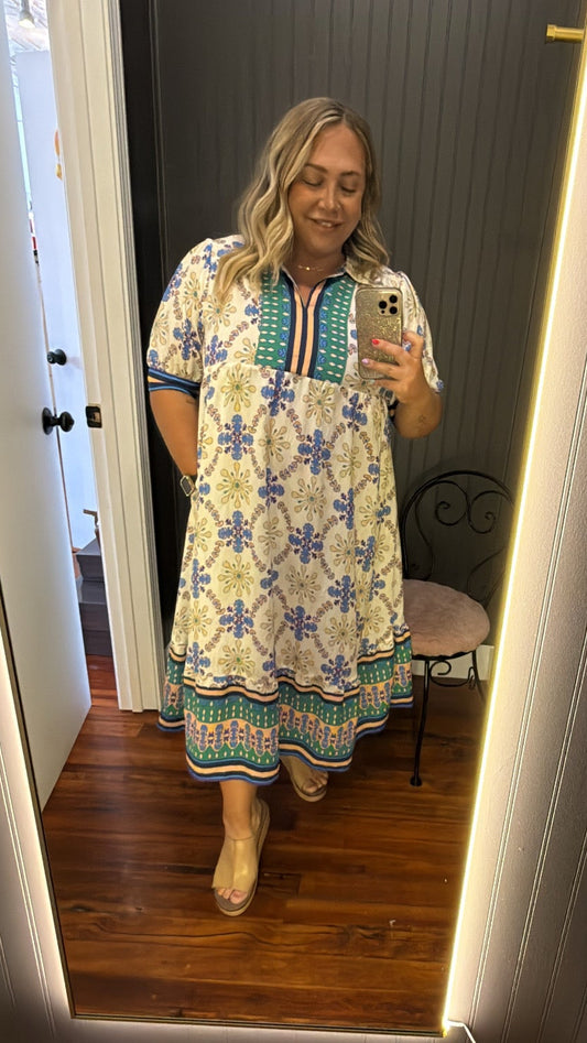 PLUS Umgee Blue Mix Collared Midi Dress