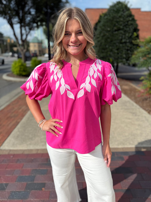 Leaf Embroidered Puff Sleeve Top