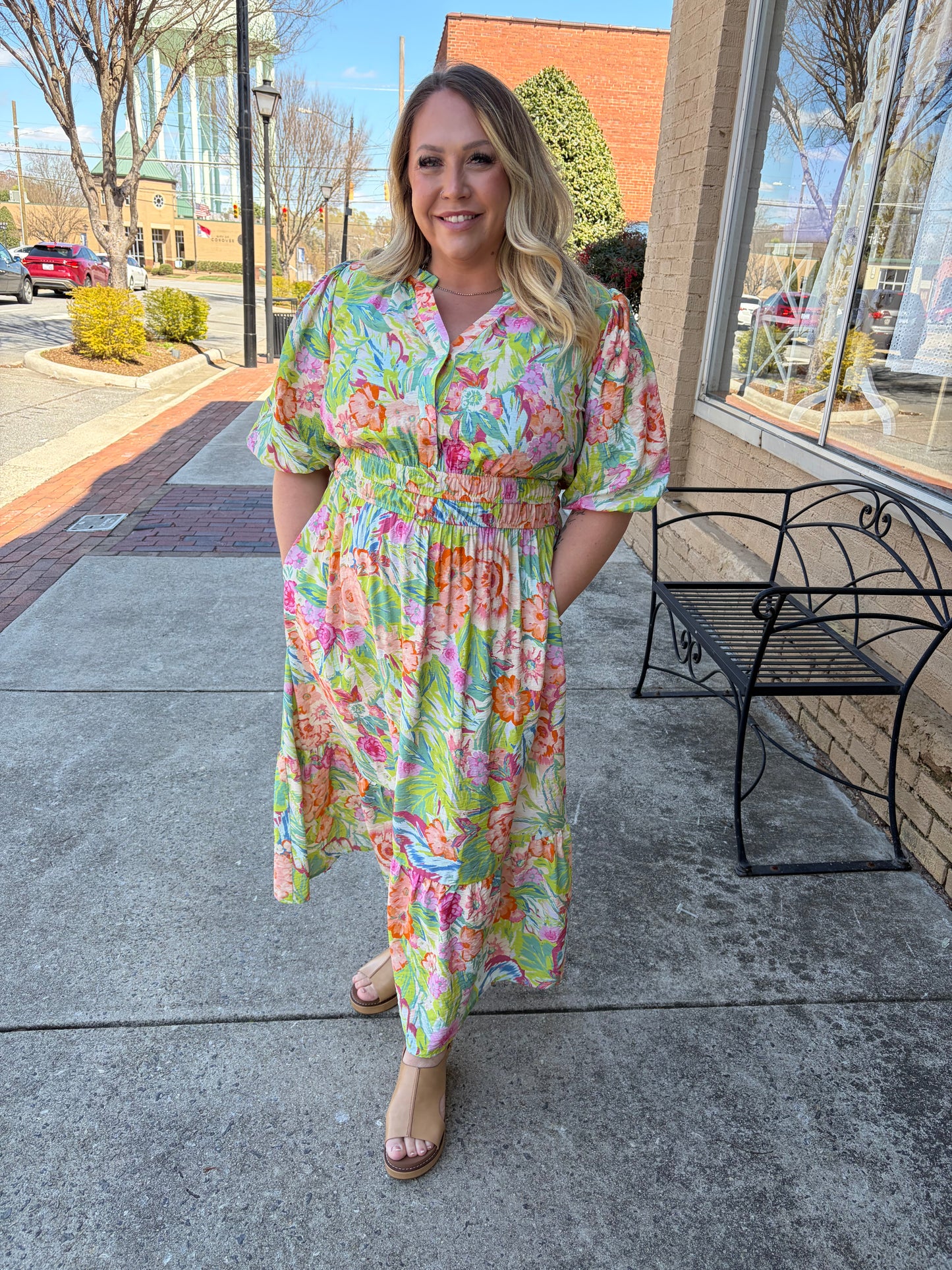 PLUS Oddi Floral Tiered Midi Dress with Puff Sleeves - Marigold Garden