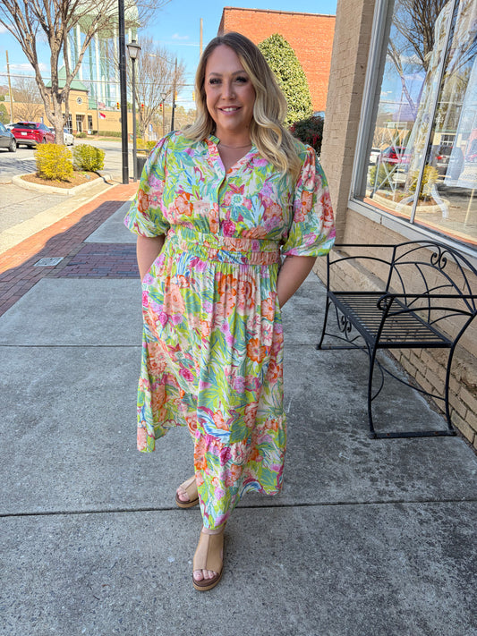PLUS Oddi Floral Tiered Midi Dress with Puff Sleeves - Marigold Garden