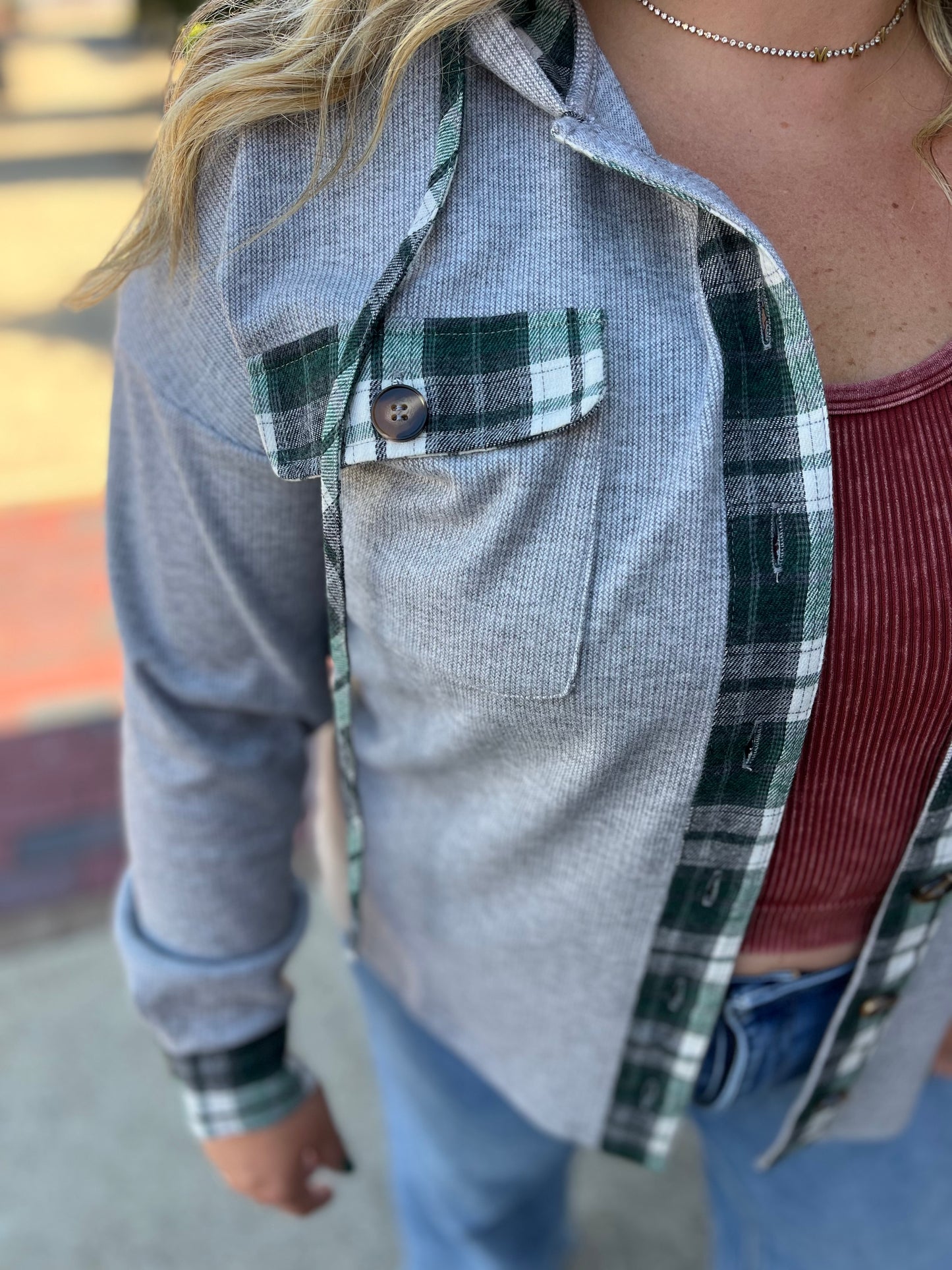 Heather Grey & Green Plaid Contrast Hoodie Shacket – Staccato