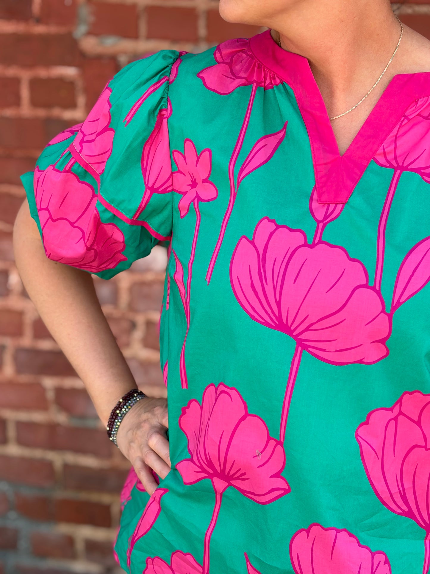 Umgee Floral Puff Sleeve Blouse – Green & Pink Cotton V-Neck Top