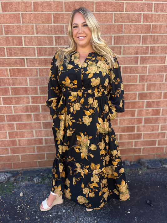 PLUS Black Floral Mix Tiered Maxi Dress