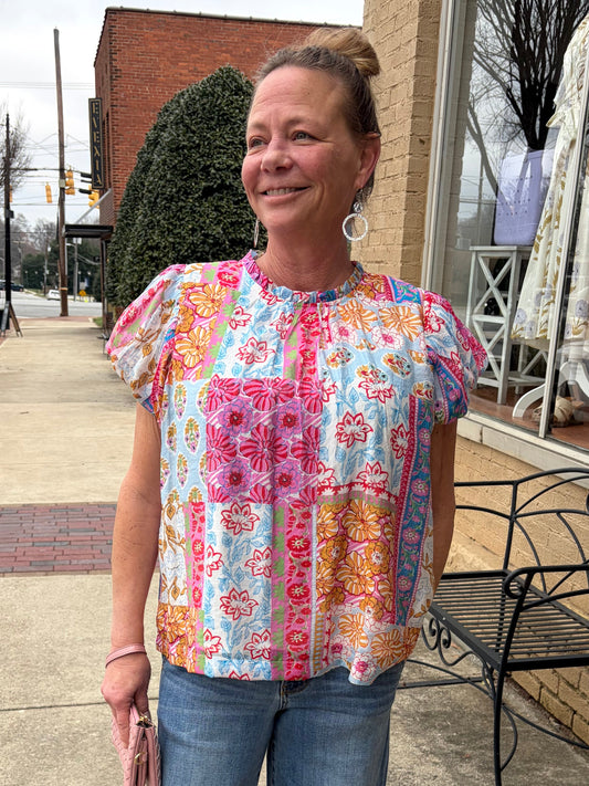 Umgee Pink Mix Patchwork Puff Sleeve Top – Pin-Tuck Lined Blouse